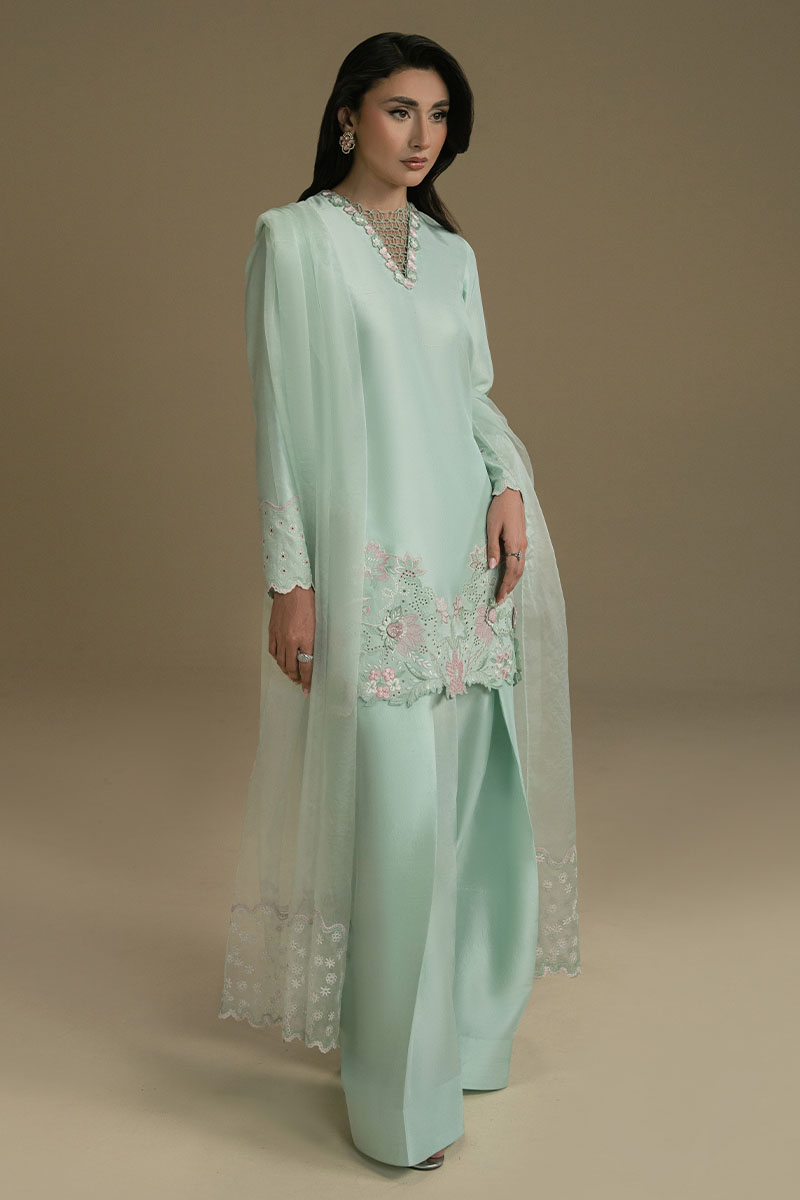 Mint Green 3D Embroidered Silk-Blend Salwar Kameez (3-Piece) - Image 4