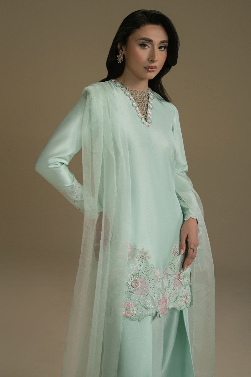 Mint Green 3D Embroidered Silk-Blend Salwar Kameez (3-Piece) - Image 5