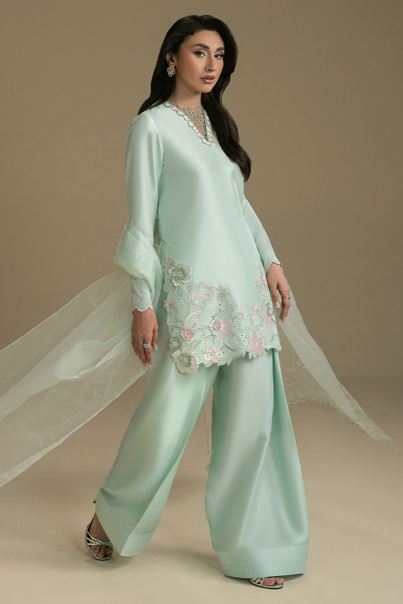 Mint Green 3D Embroidered Silk-Blend Salwar Kameez (3-Piece) - Image 6