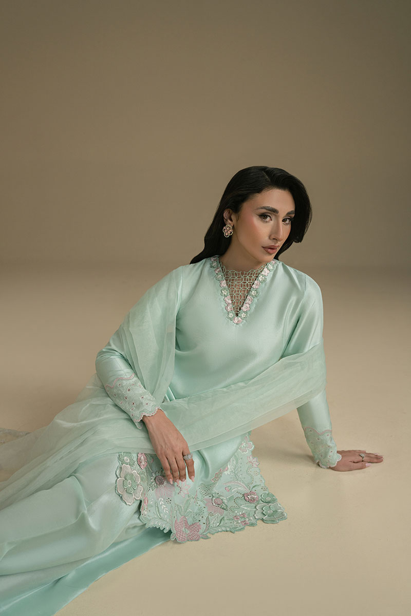 Mint Green 3D Embroidered Silk-Blend Salwar Kameez (3-Piece) - Image 7