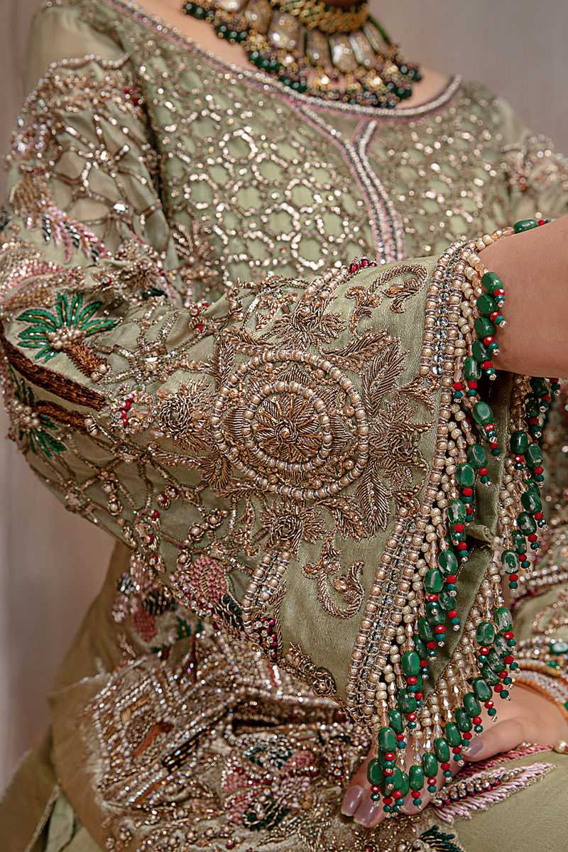 Pakistani Sage Green Embellished Silk-Blend Salwar Kameez (3-Piece) - Image 1