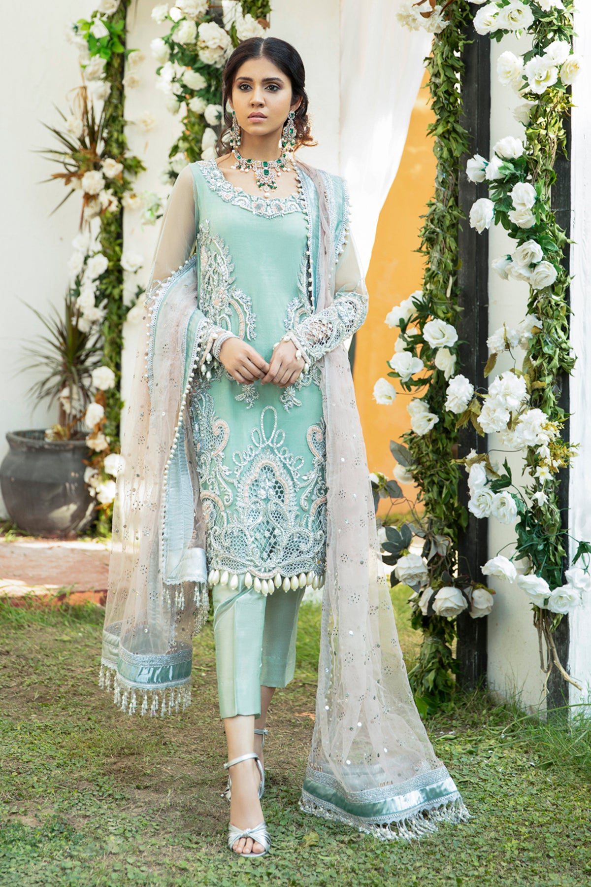 Pakistani Mint Green Cutwork Dabka Silk-Blend Salwar Kameez (3-Piece) - Image 1