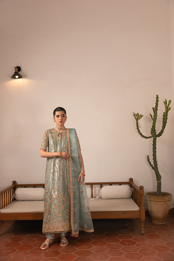 Pakistani Pistachio Green Hand-Embroidered Silk Blend Kameez (3-Piece) - Image 1