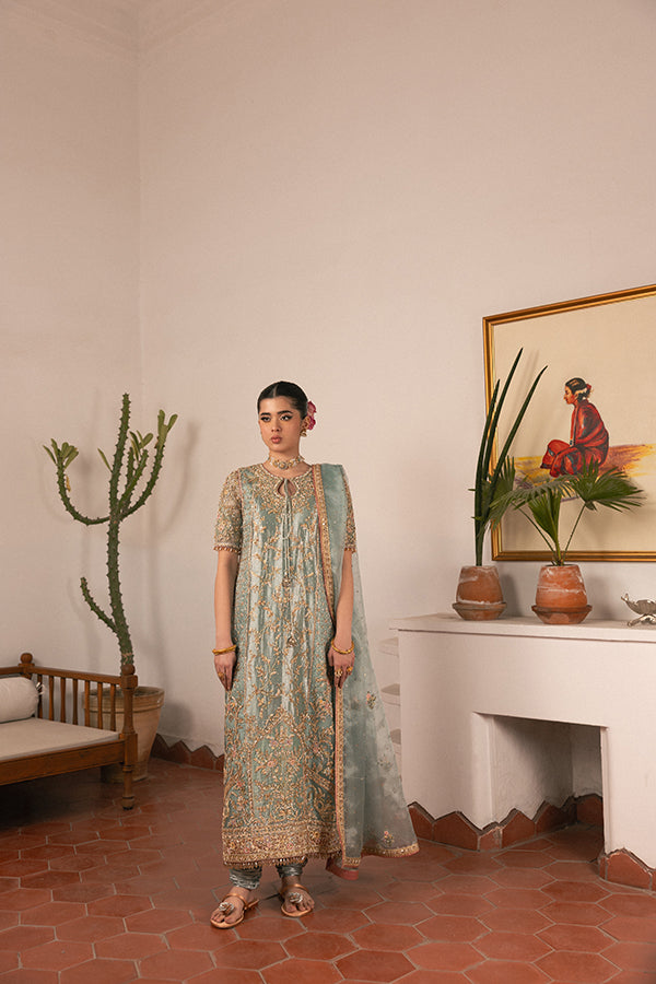 Pakistani Pistachio Green Hand-Embroidered Silk Blend Kameez (3-Piece) - Image 2