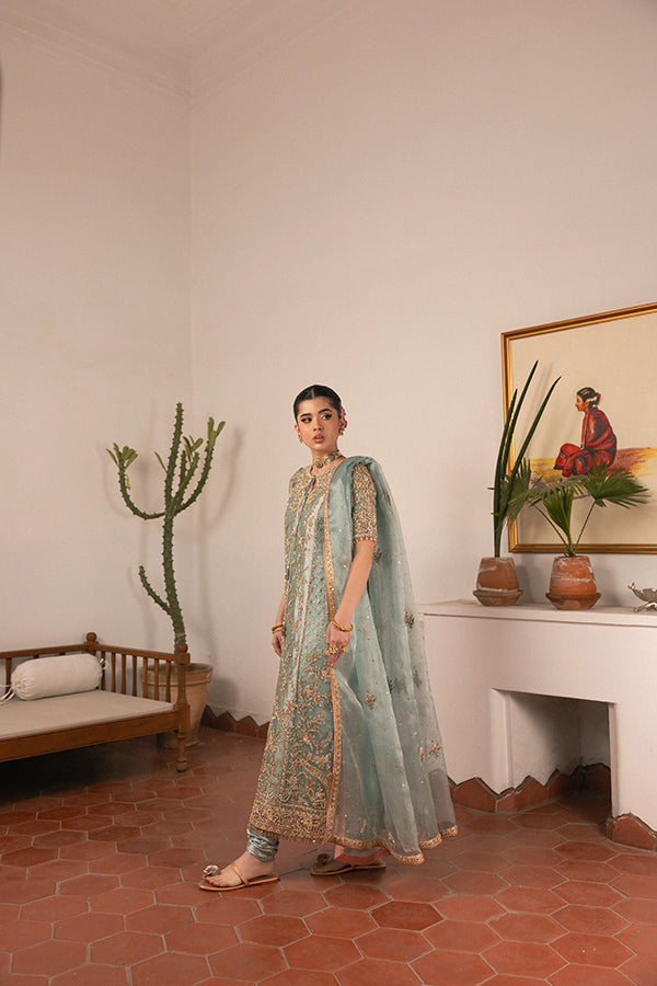 Pakistani Pistachio Green Hand-Embroidered Silk Blend Kameez (3-Piece) - Image 3