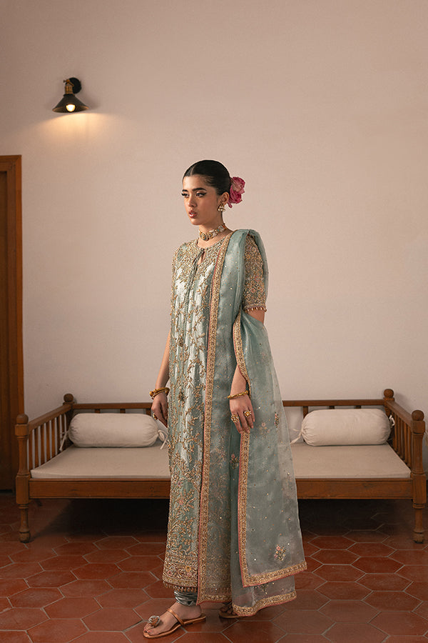 Pakistani Pistachio Green Hand-Embroidered Silk Blend Kameez (3-Piece) - Image 4