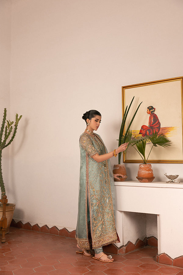 Pakistani Pistachio Green Hand-Embroidered Silk Blend Kameez (3-Piece) - Image 5