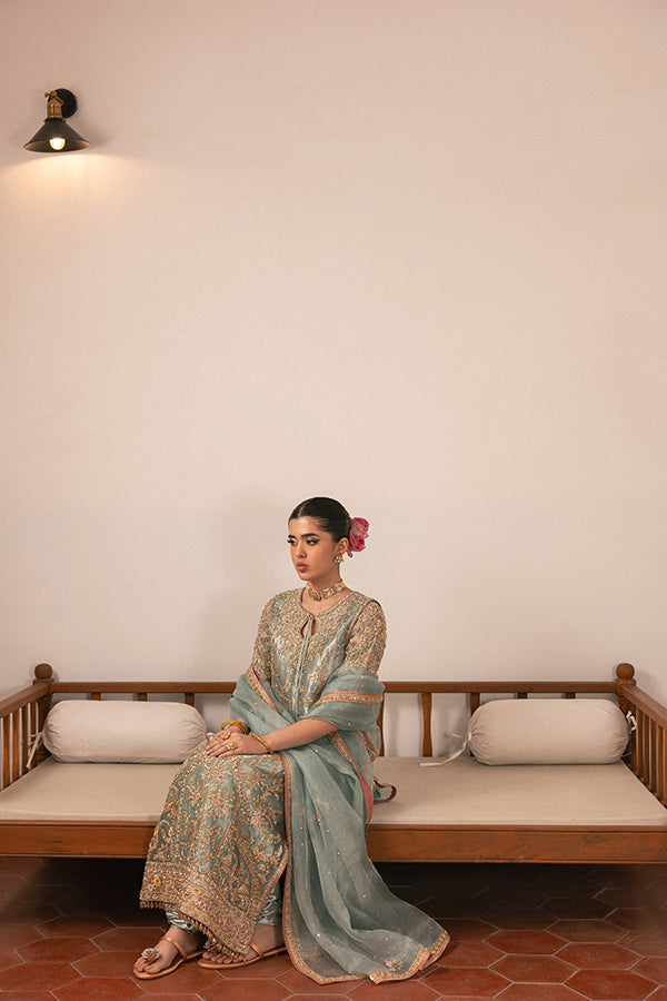 Pakistani Pistachio Green Hand-Embroidered Silk Blend Kameez (3-Piece) - Image 6