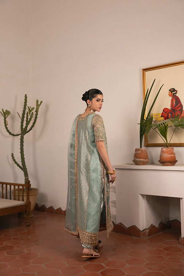 Pakistani Pistachio Green Hand-Embroidered Silk Blend Kameez (3-Piece) - Image 7
