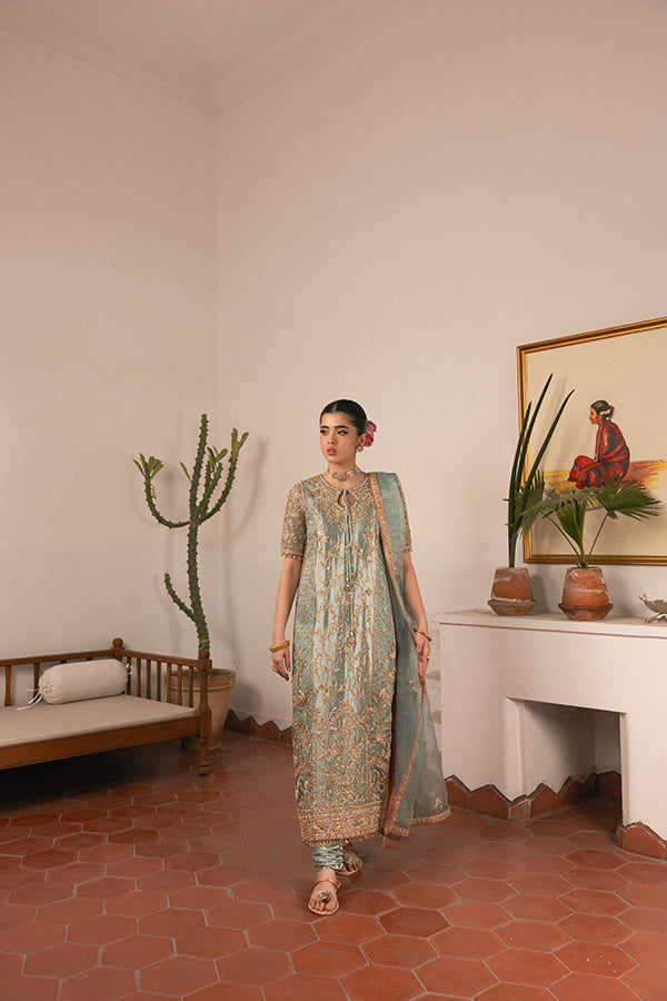 Pakistani Pistachio Green Hand-Embroidered Silk Blend Kameez (3-Piece) - Image 8