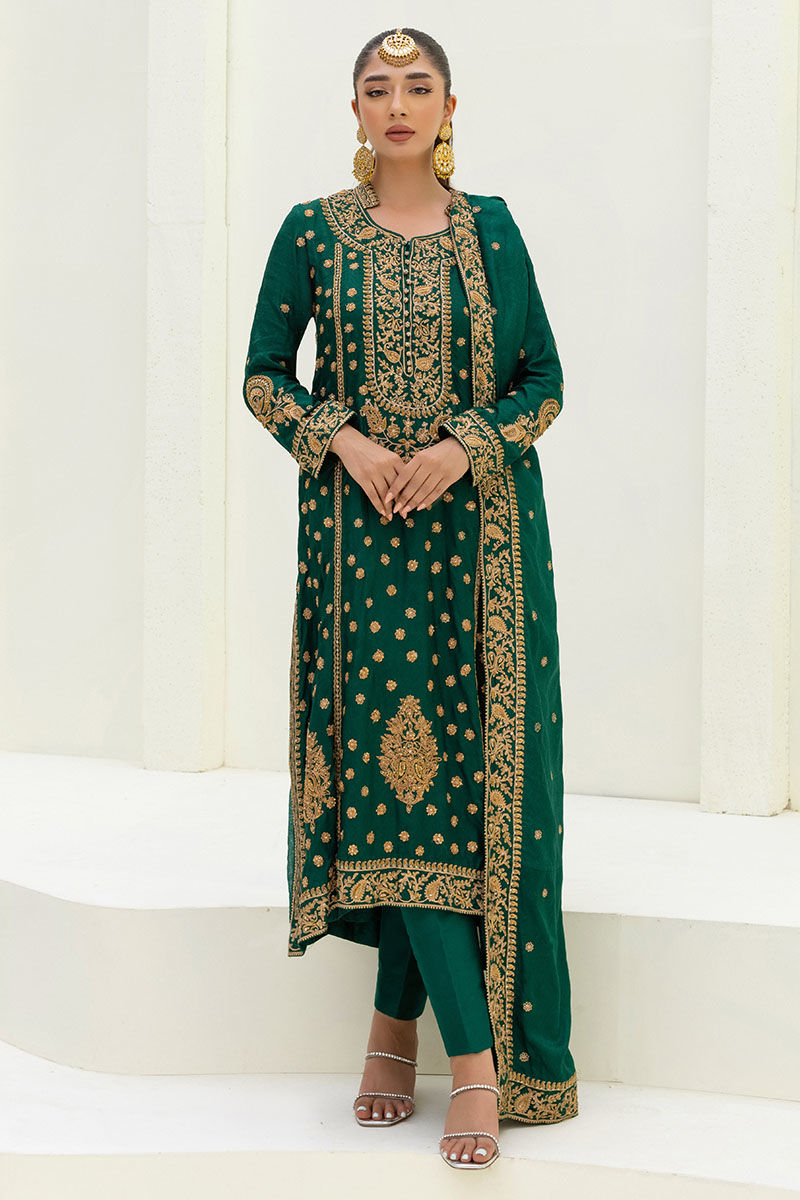 Pakistani Emerald Green Maroori Embroidered Silk-Blend Salwar Kameez (3-Piece) - Image 1