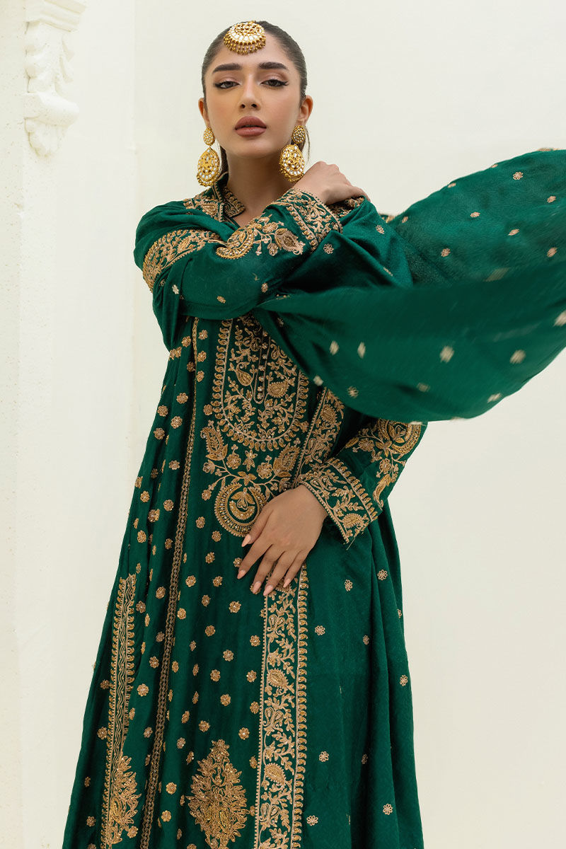Pakistani Emerald Green Maroori Embroidered Silk-Blend Salwar Kameez (3-Piece) - Image 2