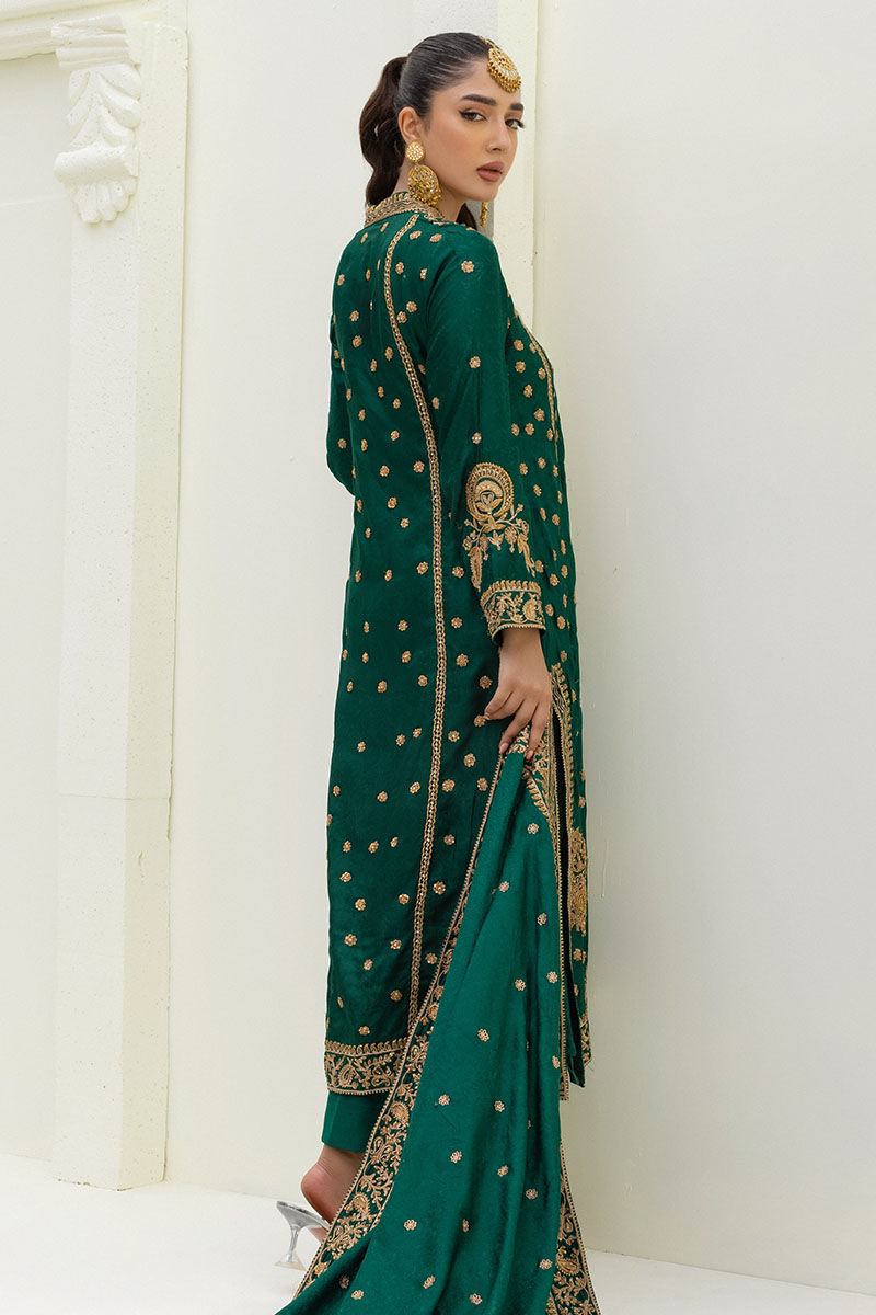Pakistani Emerald Green Maroori Embroidered Silk-Blend Salwar Kameez (3-Piece) - Image 3