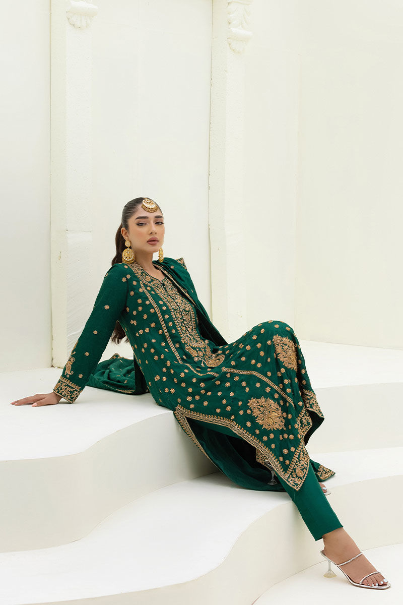 Pakistani Emerald Green Maroori Embroidered Silk-Blend Salwar Kameez (3-Piece) - Image 4