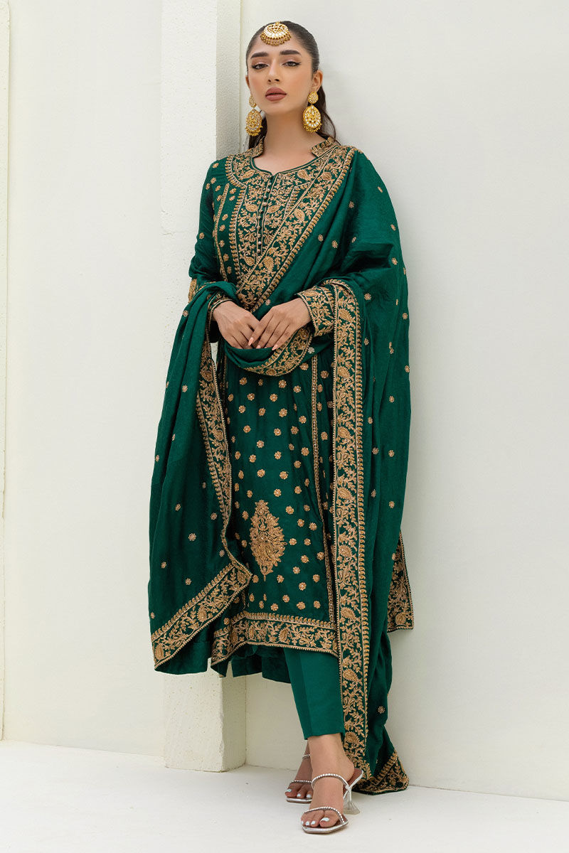 Pakistani Emerald Green Maroori Embroidered Silk-Blend Salwar Kameez (3-Piece) - Image 5