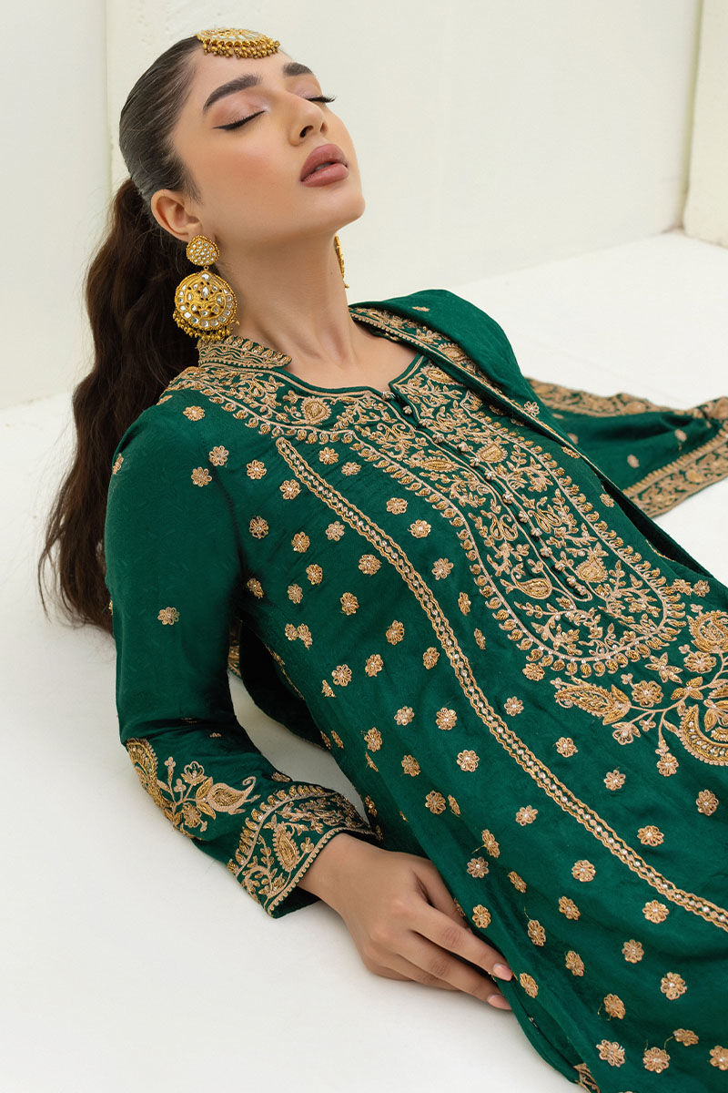 Pakistani Emerald Green Maroori Embroidered Silk-Blend Salwar Kameez (3-Piece) - Image 6