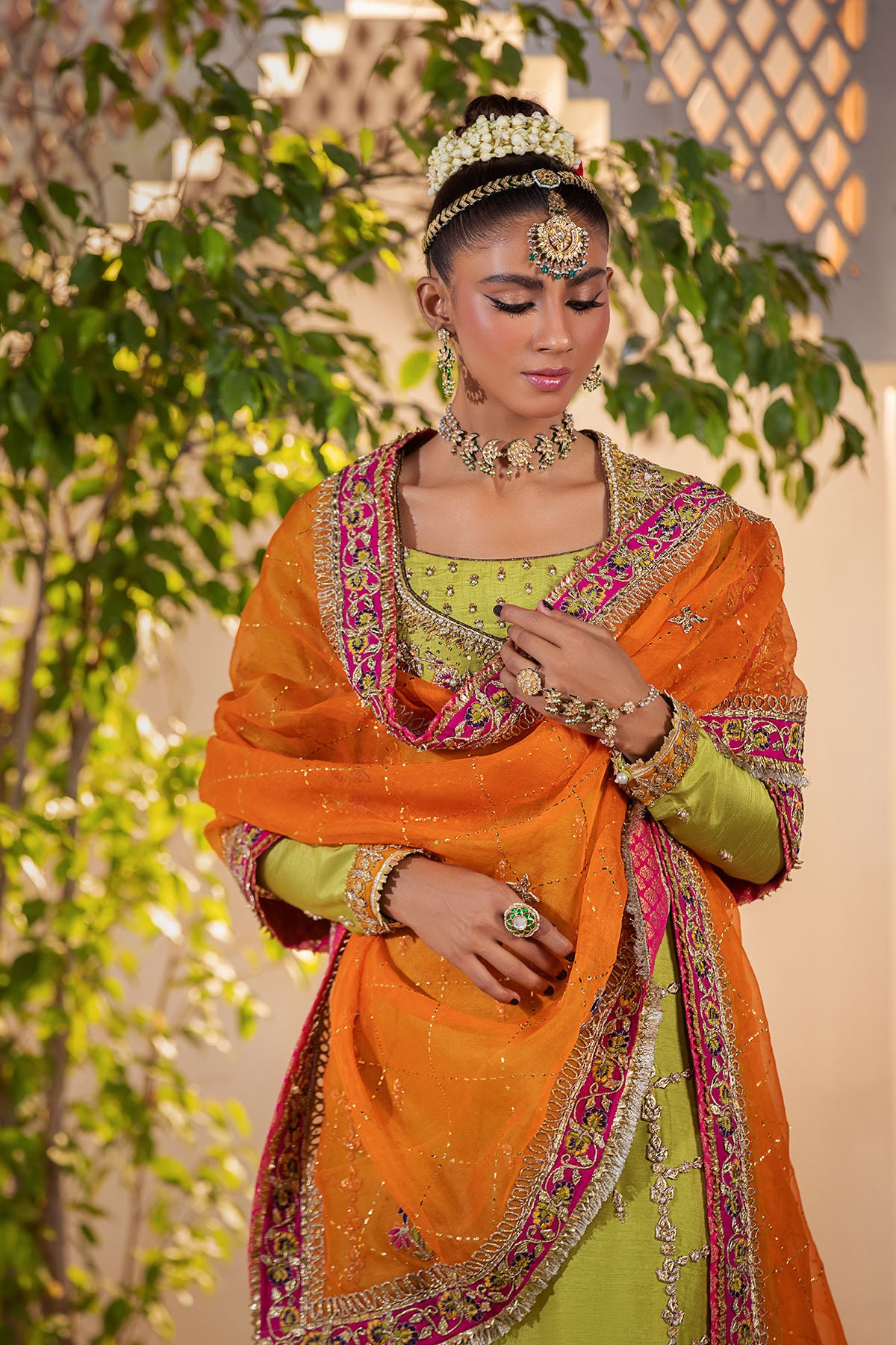 Pakistani Lime Green Embroidered Silk Salwar Kameez (3-Piece) - Image 1