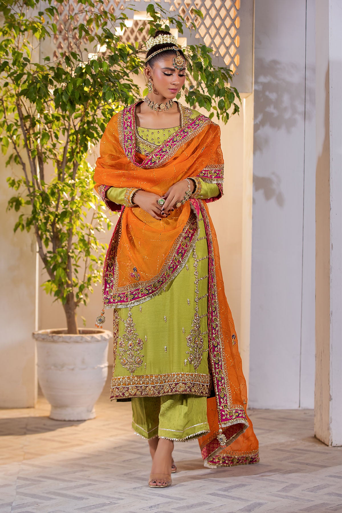Pakistani Lime Green Embroidered Silk Salwar Kameez (3-Piece) - Image 2
