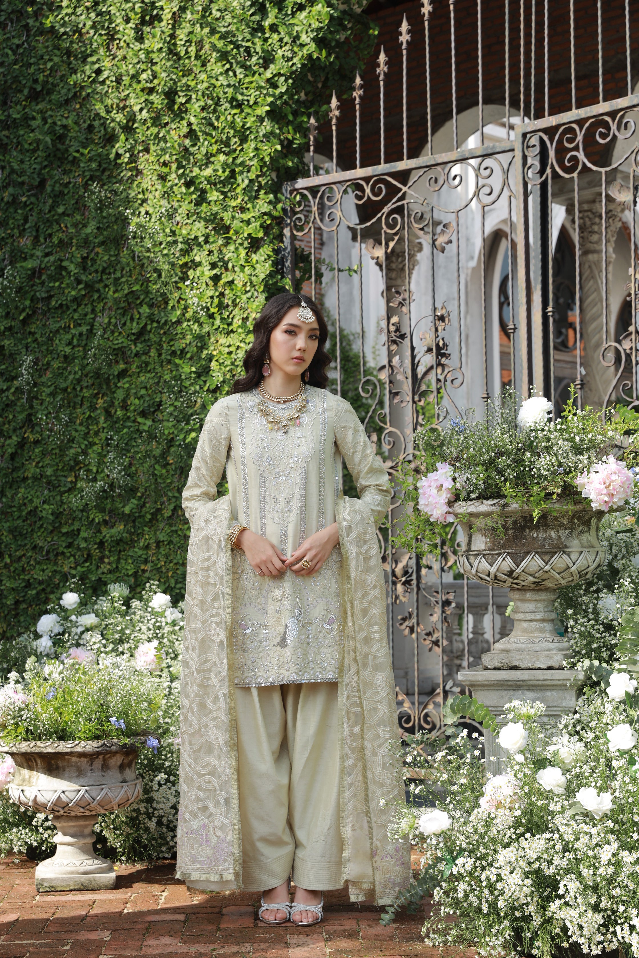 Sage Green Embellished Silk-Blend Salwar Kameez (3-Piece) - Image 1