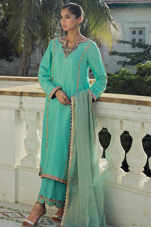 Pakistani Aqua Green Embellished Silk Salwar Kameez (3-Piece) - Image 1