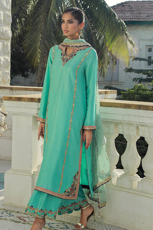 Pakistani Aqua Green Embellished Silk Salwar Kameez (3-Piece) - Image 2
