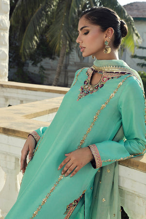 Pakistani Aqua Green Embellished Silk Salwar Kameez (3-Piece) - Image 3