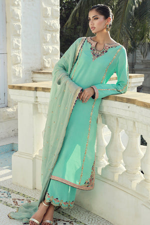 Pakistani Aqua Green Embellished Silk Salwar Kameez (3-Piece) - Image 5