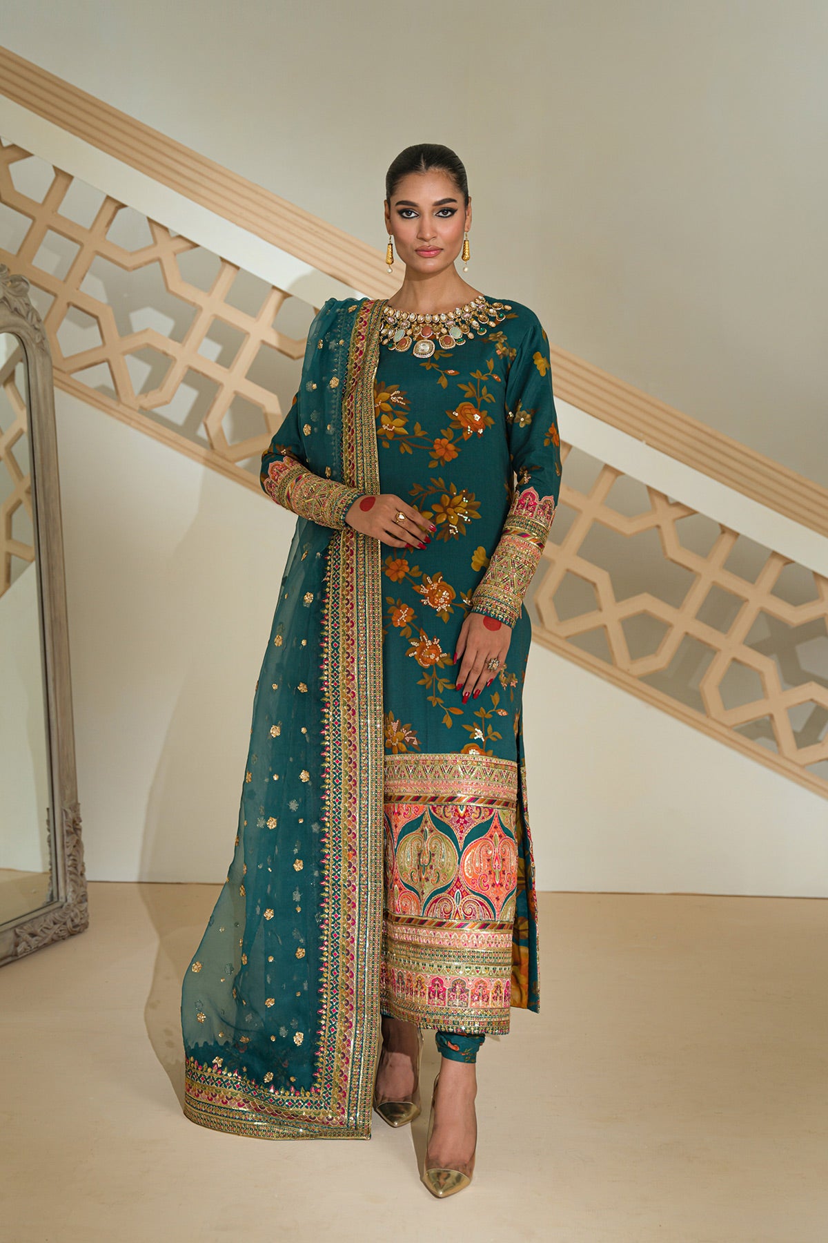Pakistani Tram Green Embroidered Silk & Net Salwar Kameez (3-Piece) - Image 1