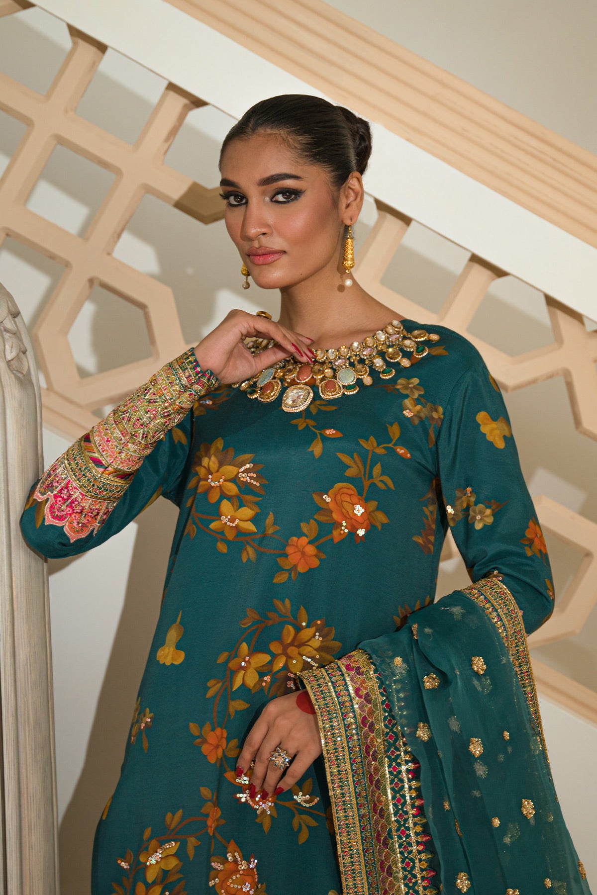 Pakistani Tram Green Embroidered Silk & Net Salwar Kameez (3-Piece) - Image 2