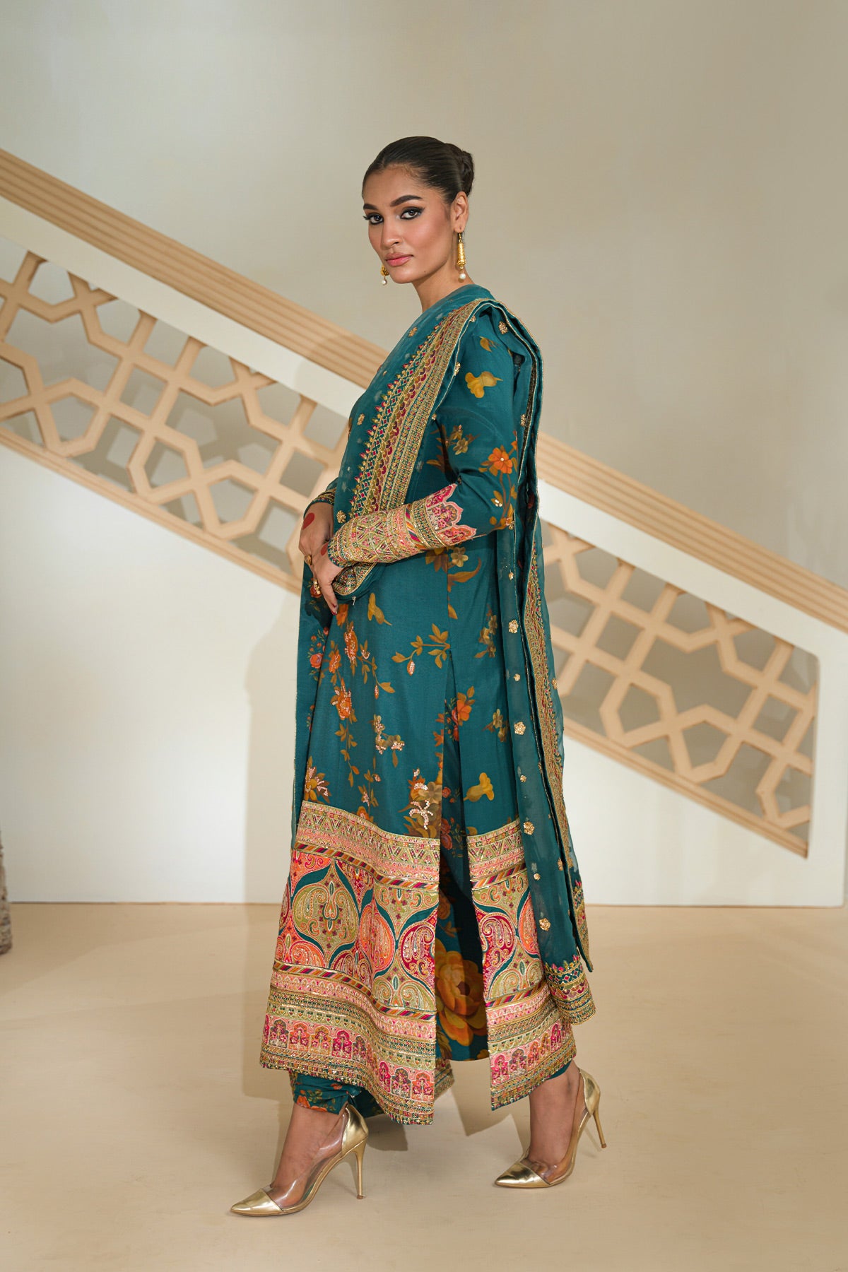 Pakistani Tram Green Embroidered Silk & Net Salwar Kameez (3-Piece) - Image 3