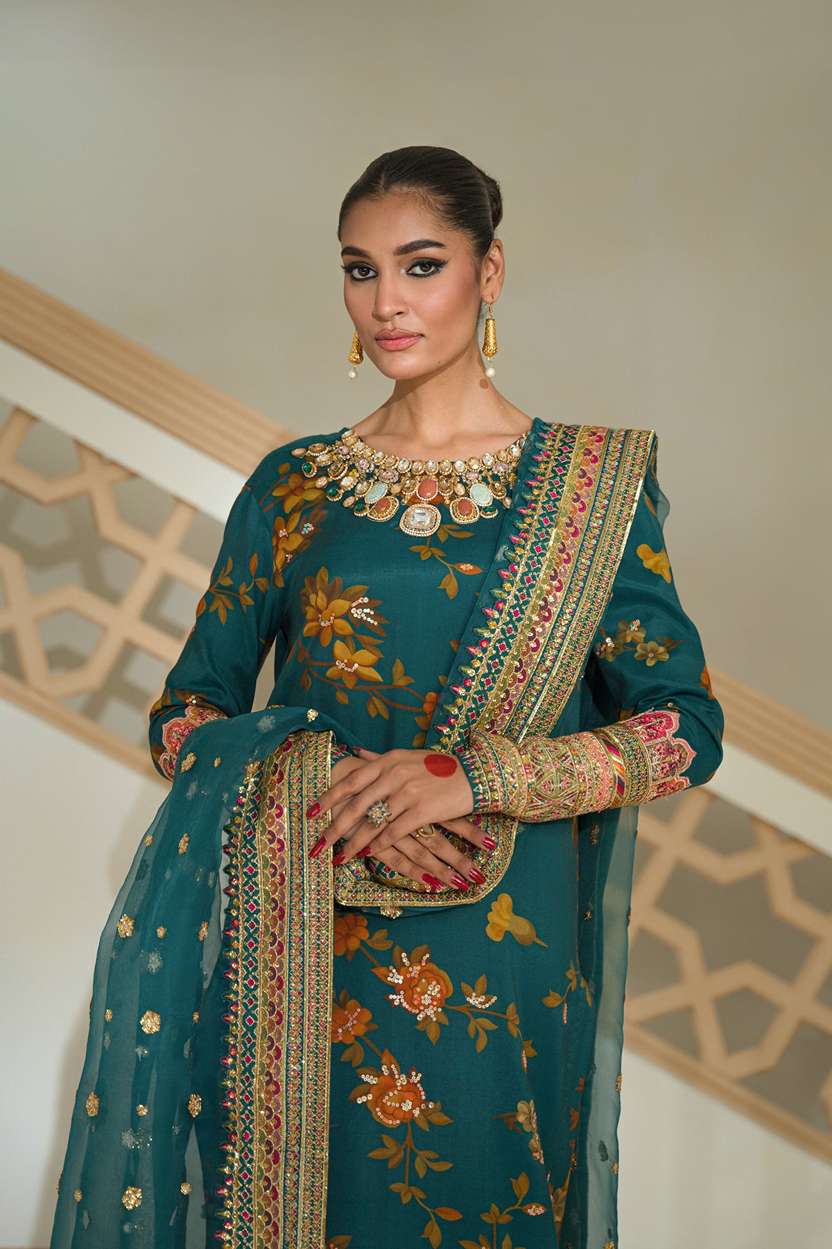Pakistani Tram Green Embroidered Silk & Net Salwar Kameez (3-Piece) - Image 4