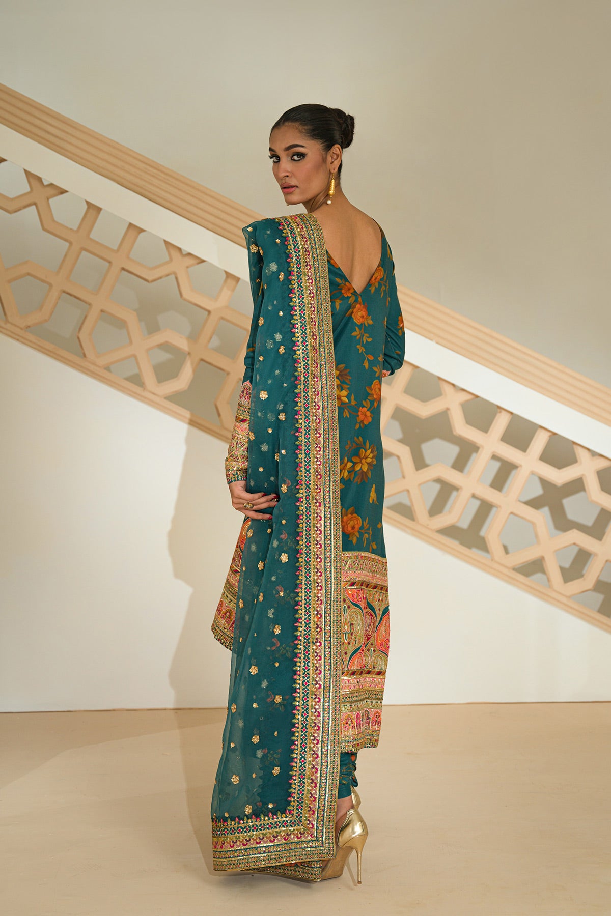 Pakistani Tram Green Embroidered Silk & Net Salwar Kameez (3-Piece) - Image 5