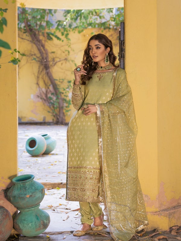 Pakistani Pistachio Green Embroidered Silk-Blend Kurta Set (3-Piece) - Image 1