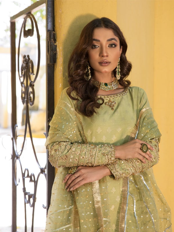 Pakistani Pistachio Green Embroidered Silk-Blend Kurta Set (3-Piece) - Image 3