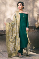 Pakistani Emerald Green Silk Salwar Kameez with Gold Embroidered Dupatta (3-Piece) - Image 2