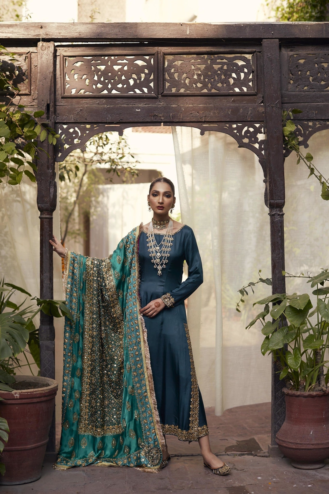 Sea Green Embroidered Crepe de Chine Salwar Kameez (3-Piece) - Image 1