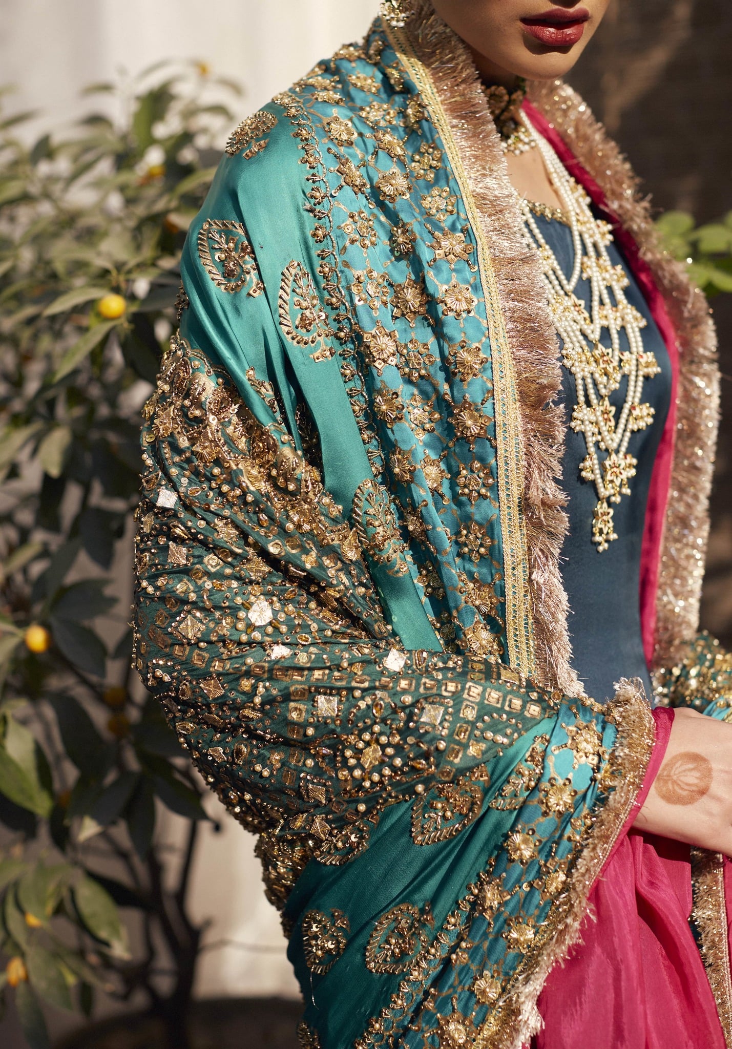 Sea Green Embroidered Crepe de Chine Salwar Kameez (3-Piece) - Image 2