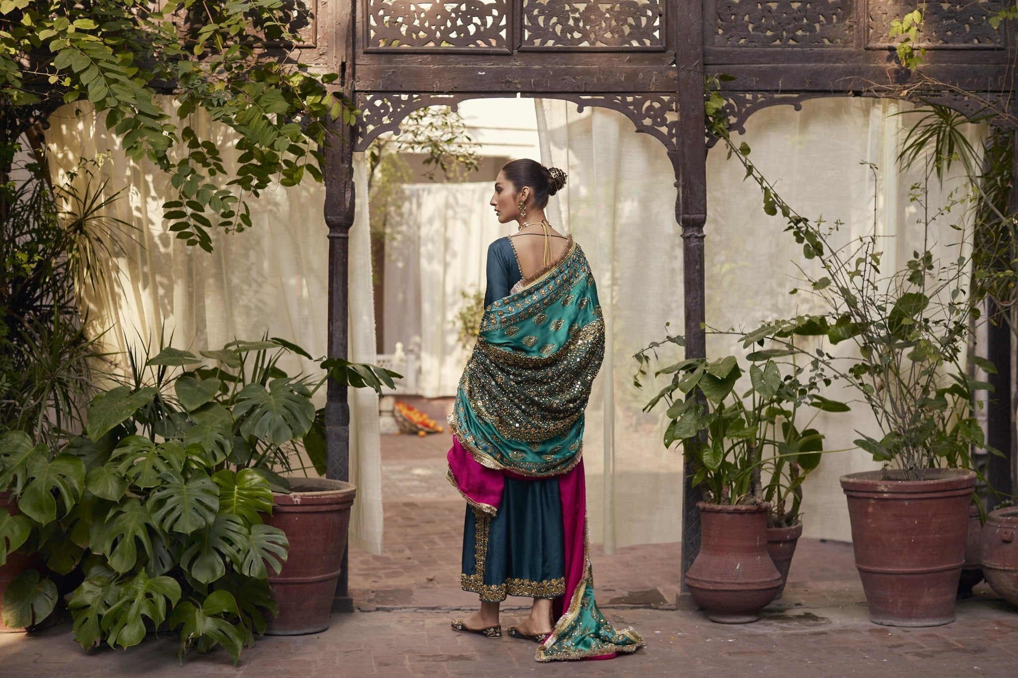 Sea Green Embroidered Crepe de Chine Salwar Kameez (3-Piece) - Image 3