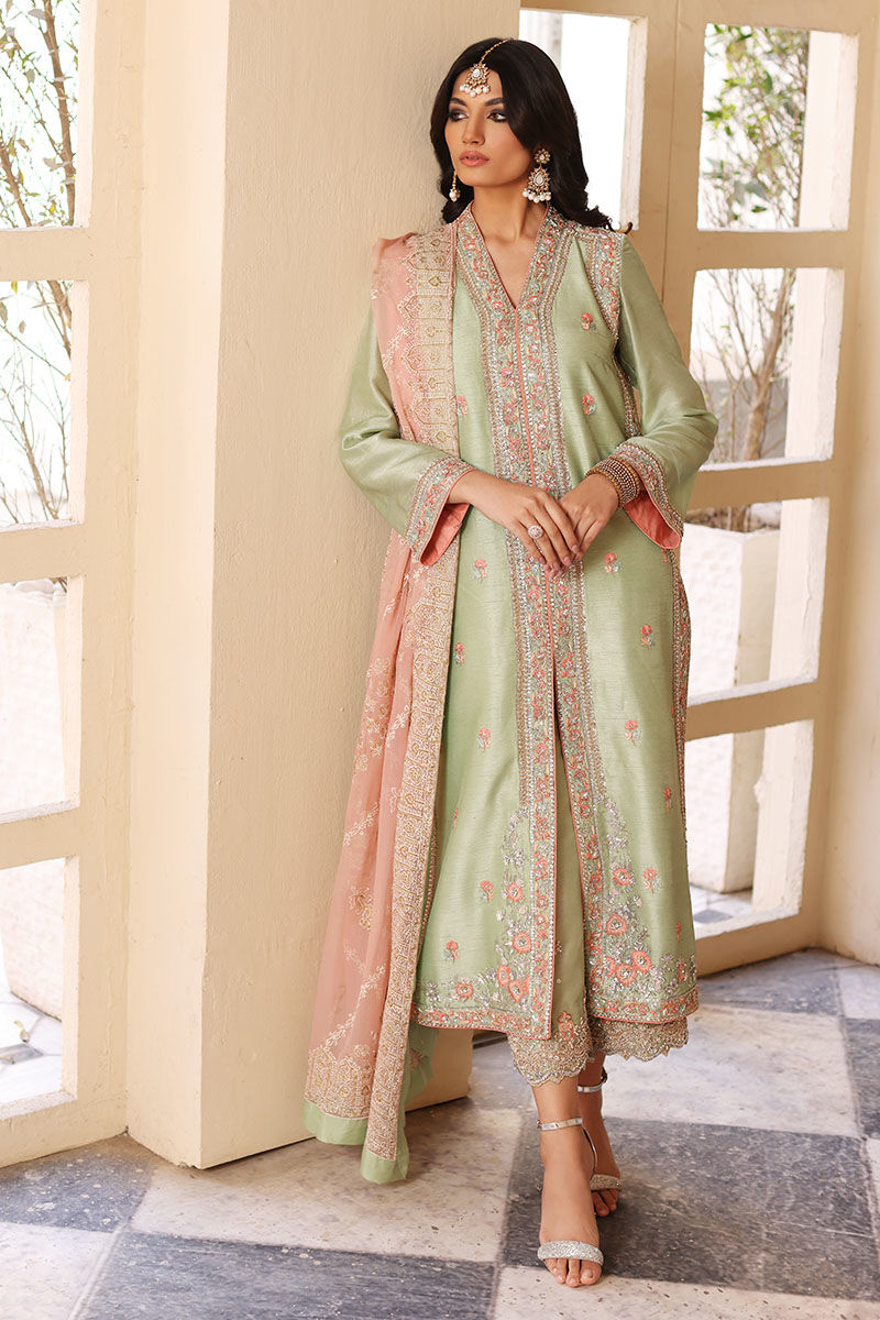 Pakistani Seacrest Green Handworked Silk Salwar Kameez (3-Piece) - Image 2