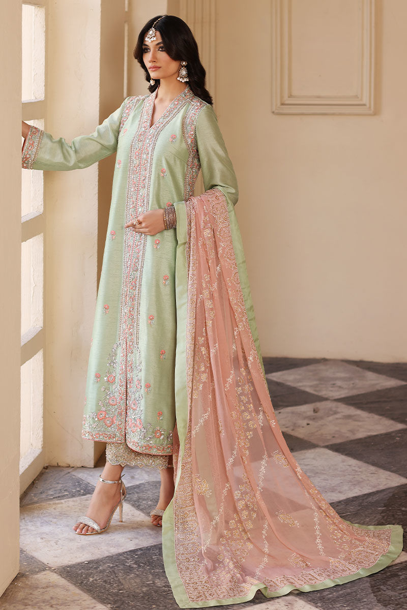 Pakistani Seacrest Green Handworked Silk Salwar Kameez (3-Piece) - Image 3