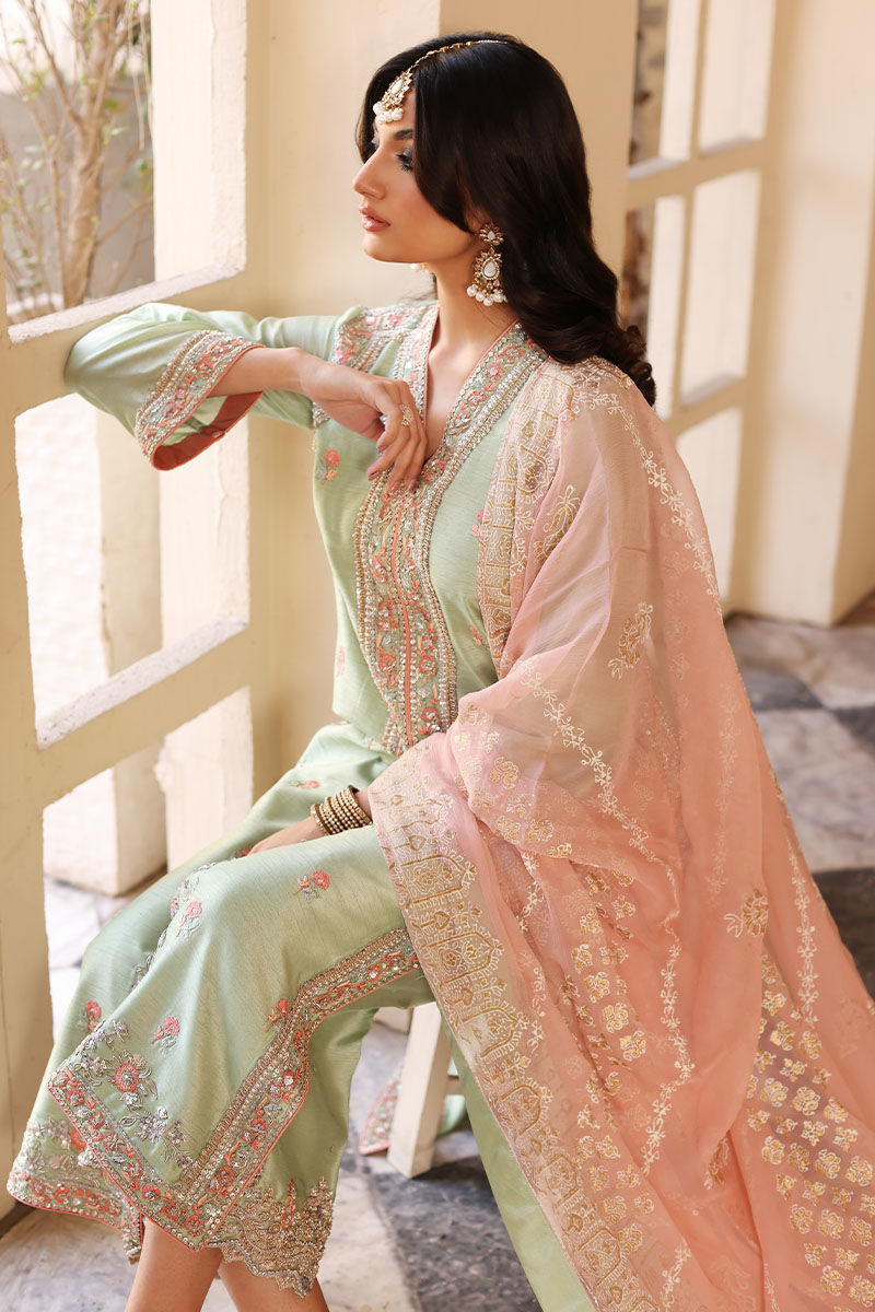 Pakistani Seacrest Green Handworked Silk Salwar Kameez (3-Piece) - Image 4