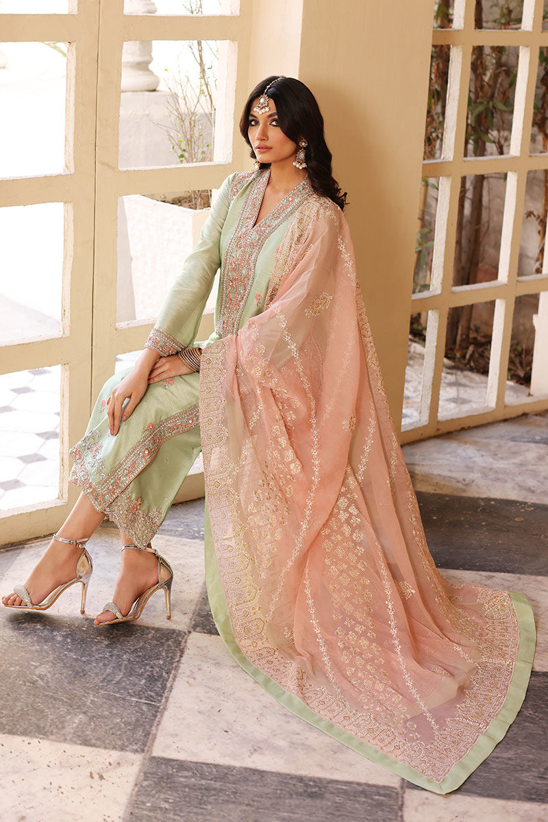 Pakistani Seacrest Green Handworked Silk Salwar Kameez (3-Piece) - Image 5