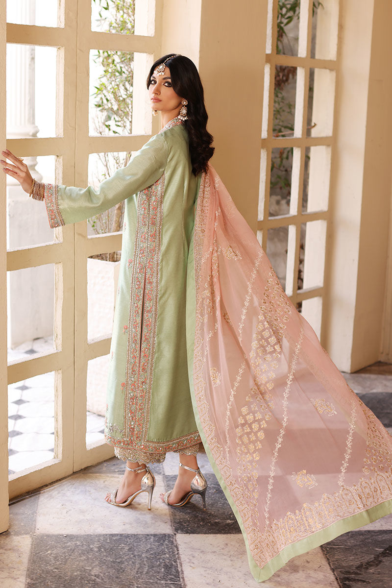 Pakistani Seacrest Green Handworked Silk Salwar Kameez (3-Piece) - Image 6