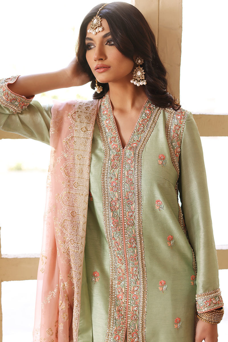 Pakistani Seacrest Green Handworked Silk Salwar Kameez (3-Piece) - Image 7