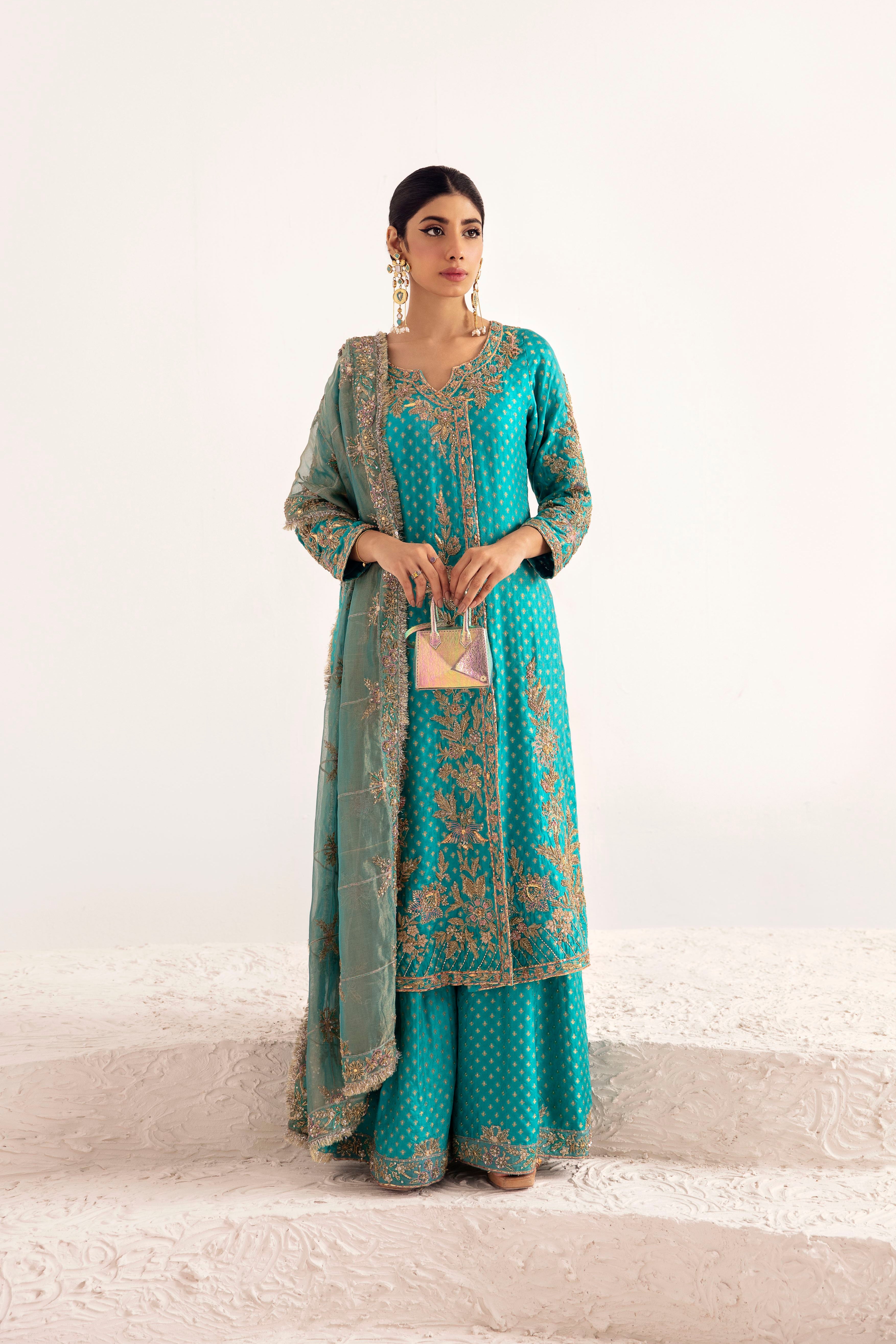 Agate Green Zardozi Silk Jamawar Salwar Kameez (3-Piece) - Image 1
