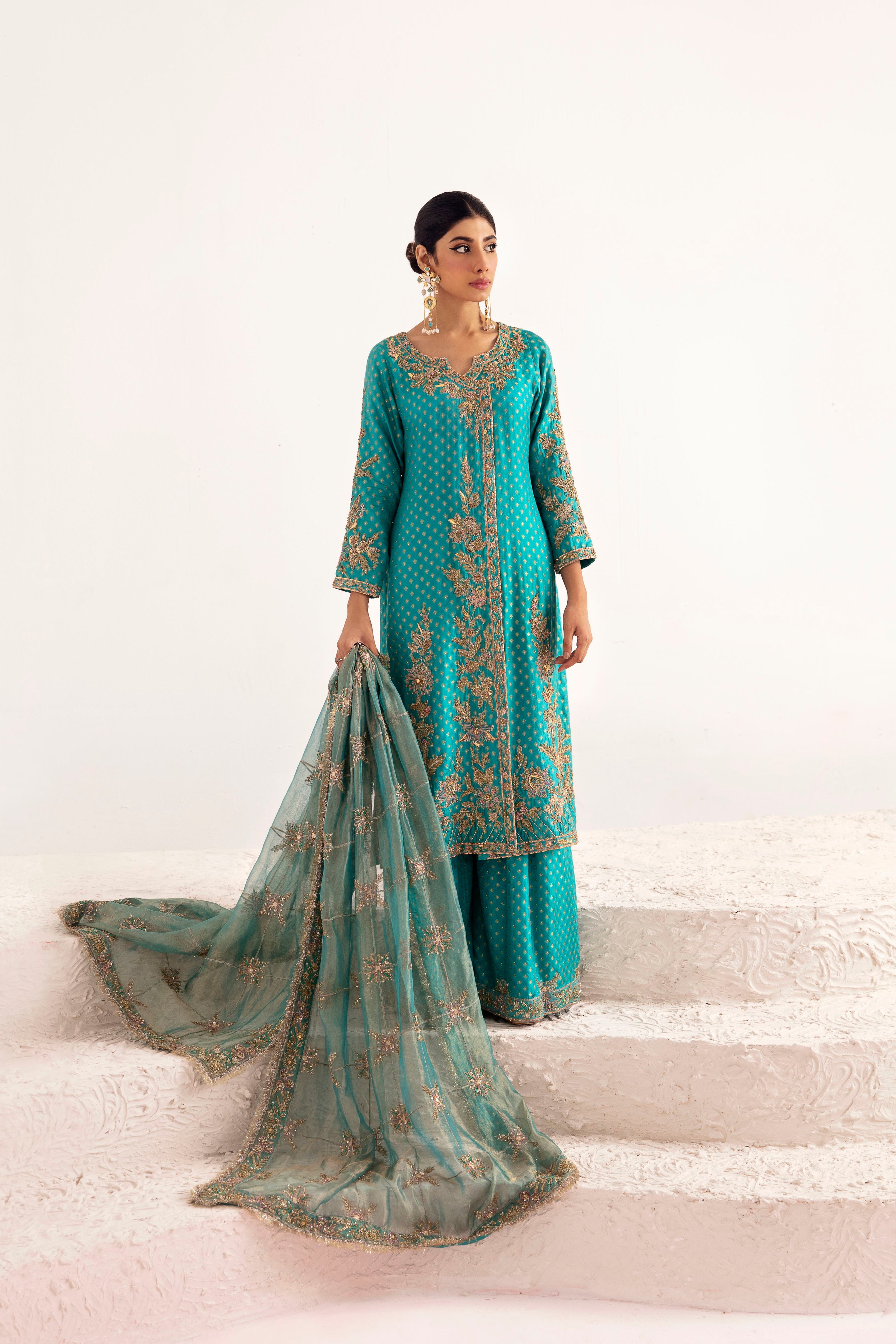 Agate Green Zardozi Silk Jamawar Salwar Kameez (3-Piece) - Image 2