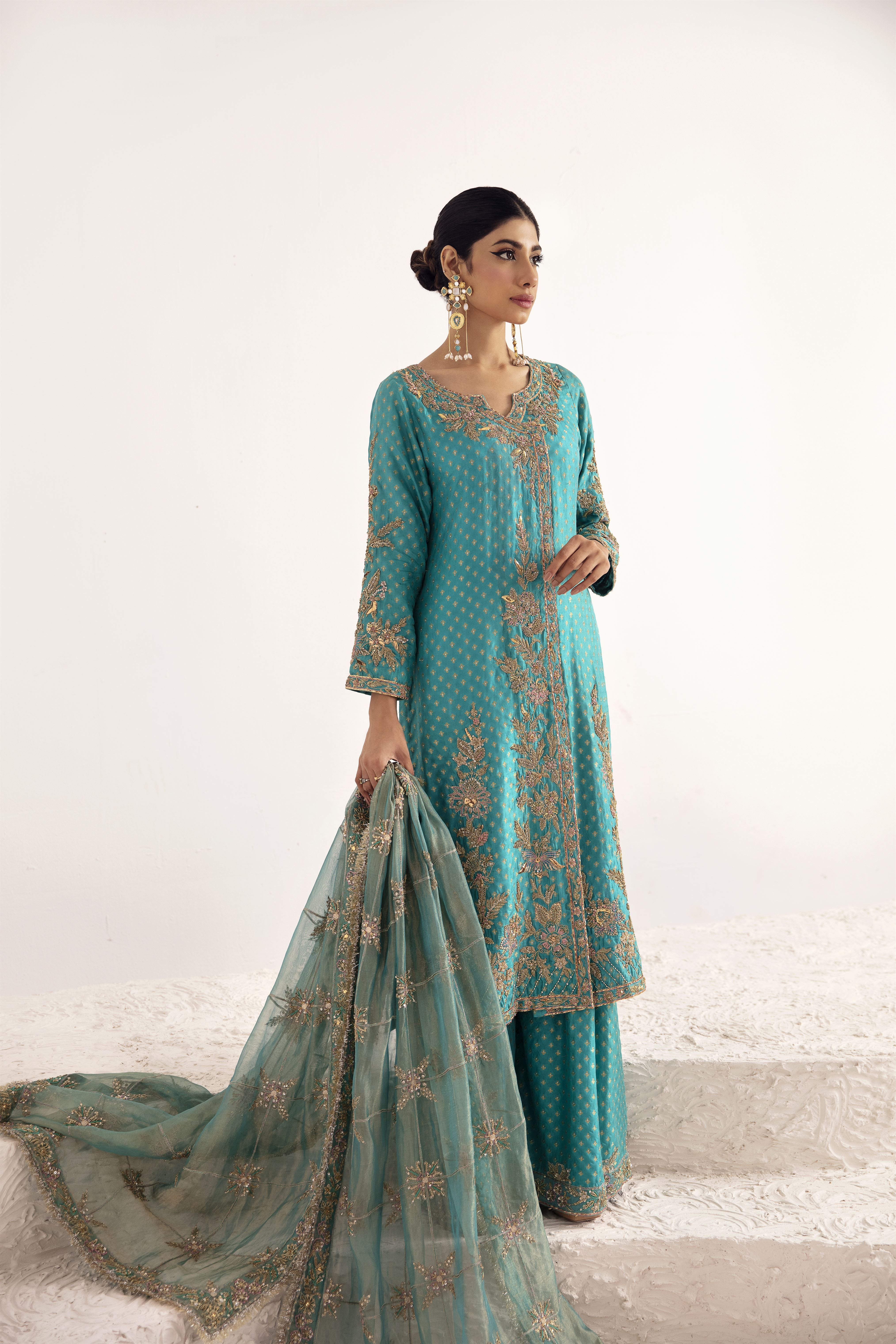 Agate Green Zardozi Silk Jamawar Salwar Kameez (3-Piece) - Image 3