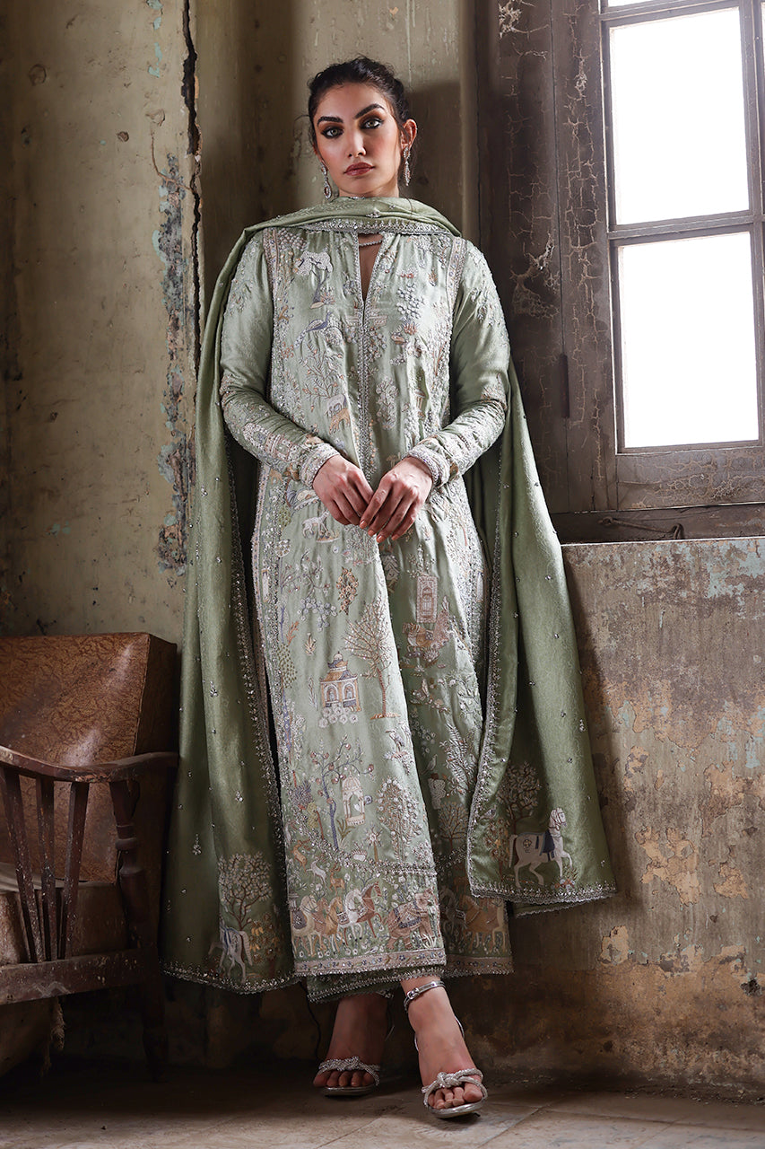 Pakistani Mint Green Zardozi Silk Jamawar Salwar Kameez (3-Piece) - Image 1