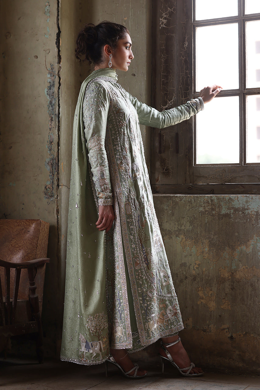 Pakistani Mint Green Zardozi Silk Jamawar Salwar Kameez (3-Piece) - Image 3