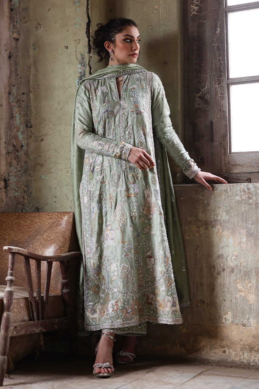 Pakistani Mint Green Zardozi Silk Jamawar Salwar Kameez (3-Piece) - Image 5